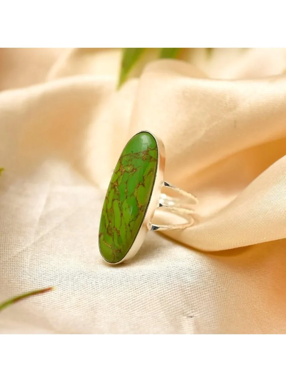 Handmade 925 Sterling Silver Long Oval Statement Ring with Natural Green & Blue